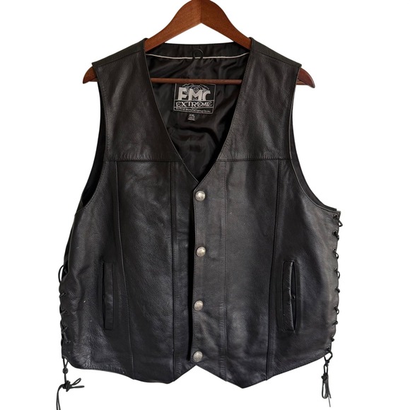 FMC Extreme Other - FMC Extreme Mens Black Leather Biker Vest Buffalo Nickel Snaps Side Lace XXL